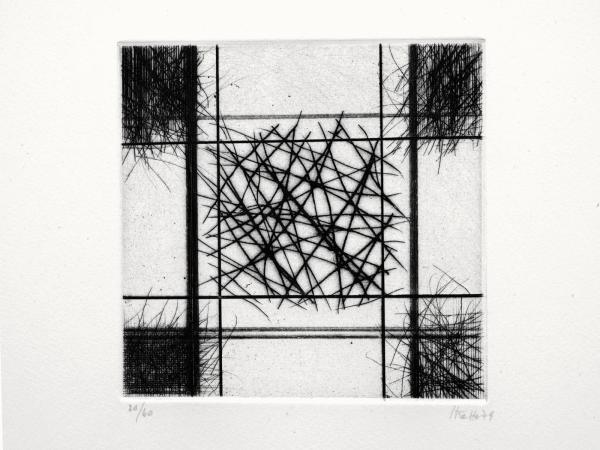 Guido Strazza (Santa Fiora (Grosseto) 1922), Trama quadrangolare, 1979, acquaforte, bulino zigrinato e puntasecca, 116 x 118 mm, collezione dell’artista. Foto Sergio Pucci. Courtesy Guido Strazza