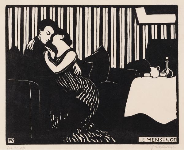 Félix Vallotton, Le intimità: la menzogna, 1897, xilografia, 178 x 225 mm, Museo Civico Villa dei Cedri, Bellinzona, donazione Amici di Villa dei Cedri 1992 